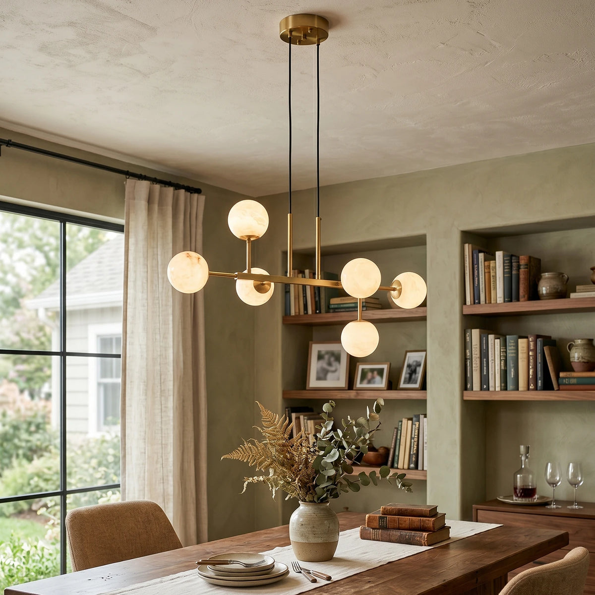 Brass Linear Alabaster Globe Chandelier - view 3 | Liootrlamp