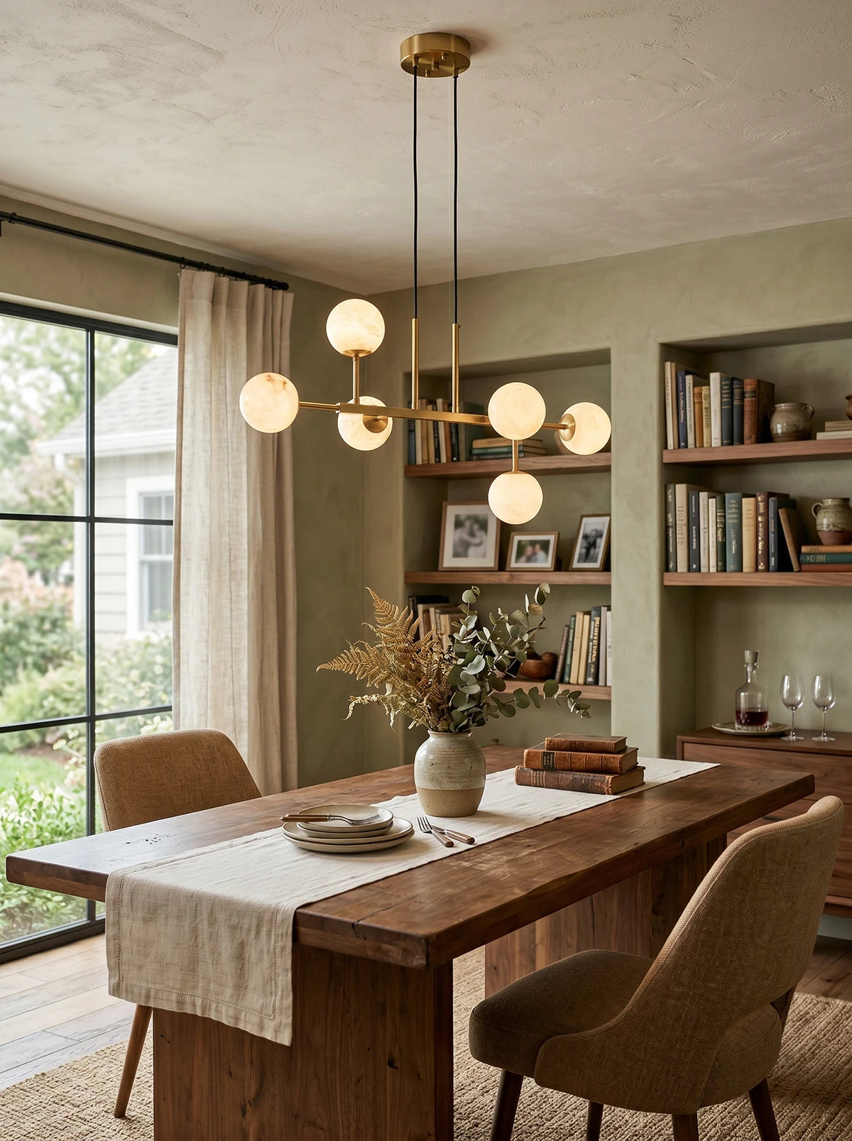 Brass Linear Alabaster Globe Chandelier - view 8 | Liootrlamp