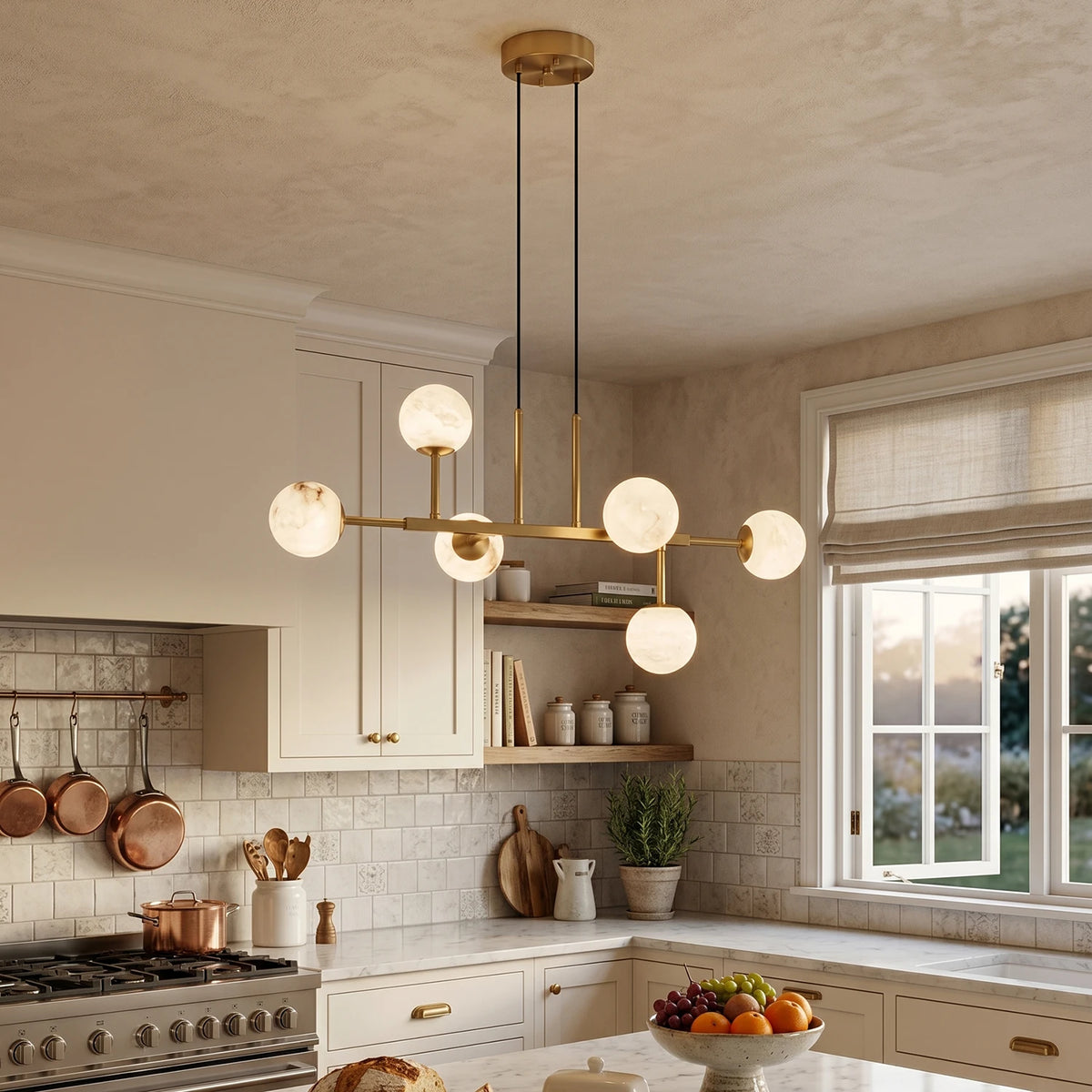 Brass Linear Alabaster Globe Chandelier - view 6 | Liootrlamp