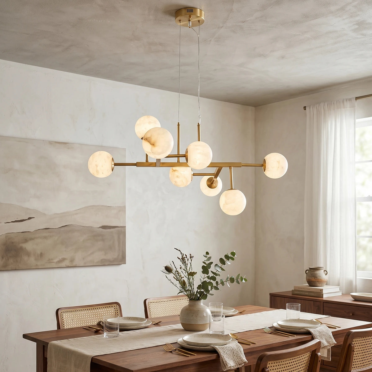 Brass Linear Alabaster Globe Chandelier - view 4 | Liootrlamp