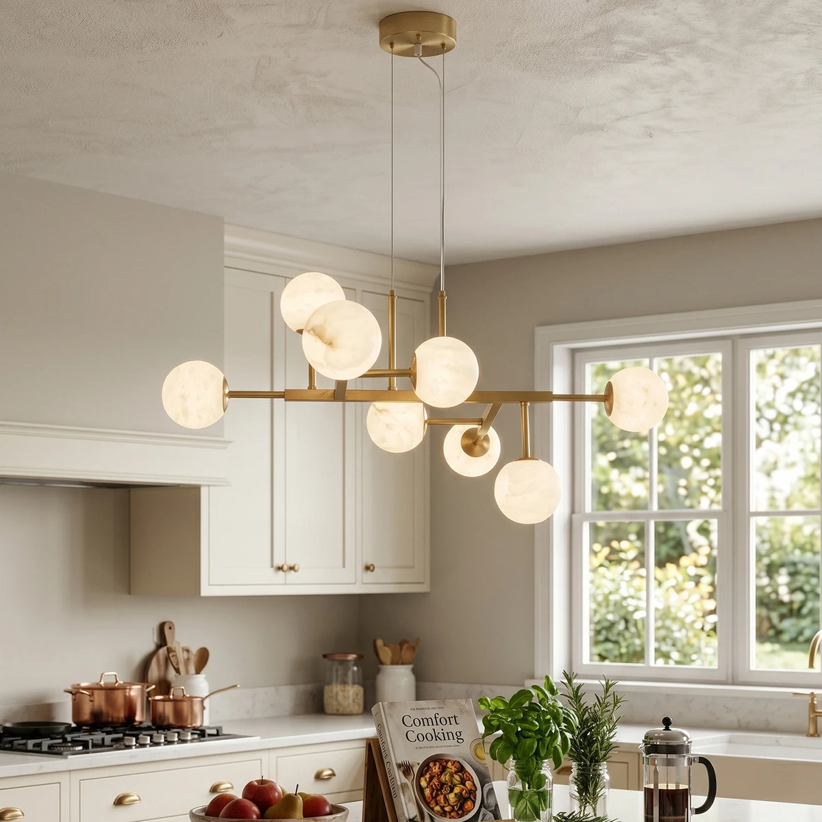 Brass Linear Alabaster Globe Chandelier - view 5 | Liootrlamp